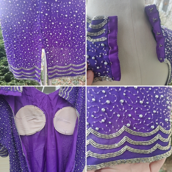 S/M 80s Royal Purple Beaded Glam Dress - Picture 7 of 8
